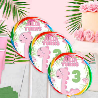 Personalized Pink Dinosaur Lollipop Labels, Dino Party Favors & Decorations