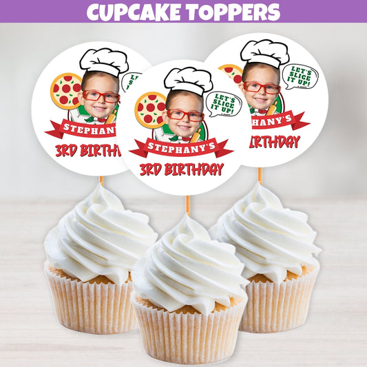Personalized Pizza Cupcake Toppers, Pizza Cake Toppers, Pizza Party Birthday Decorations, Pizza Party Favor Supplies, Pizza Table Centerpiece, Custom Kids Cupcakes, Red Checker Border, Green