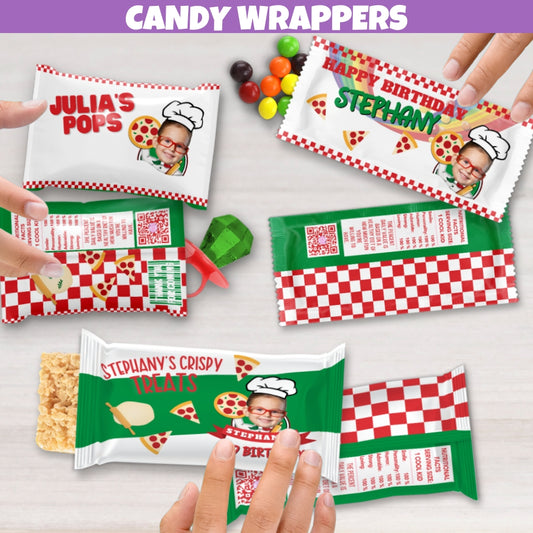Personalized Pizza Candy Wrappers, Pizza Party Favor Bags, Pizza Party Supplies, Pizza 1st Birthday, Pizza Decorations, Red Checkered Border, Pizza Dough Rolling Pin, Chefs Hat, Custom Party Favors