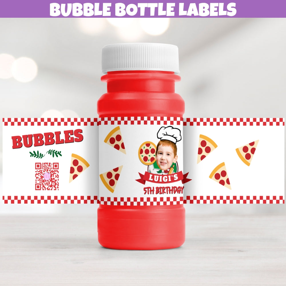 pizza bubble bottle labels for pizza themed party, pizza themed first birthday party decorations, pizza party supplies