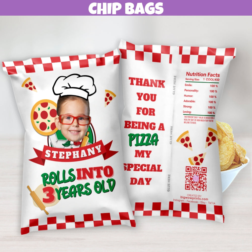 kids custom chip bags designed for pizza birthday party, pizza snack bags, pizza party decorations treat bags for classrooms and lunchboxes