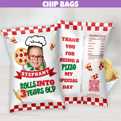 kids custom chip bags designed for pizza birthday party, pizza snack bags, pizza party decorations treat bags for classrooms and lunchboxes