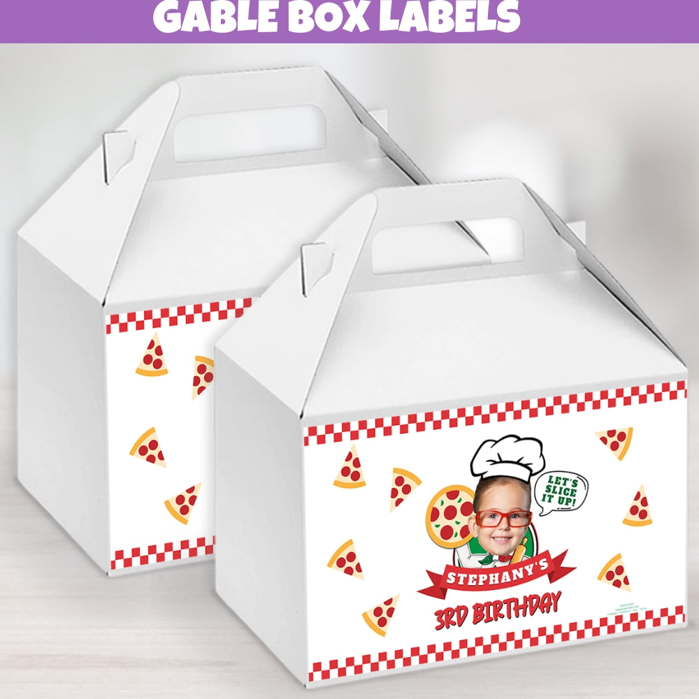 Pizza gable box label stickers for front of gable box personalized with photo name and age