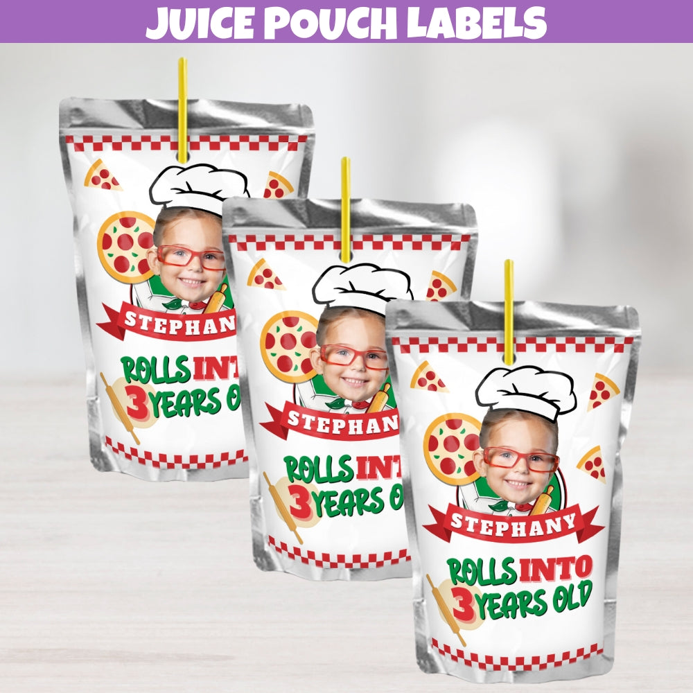 Personalized pizza juice pouch labels for pizza birthday party and table decorations