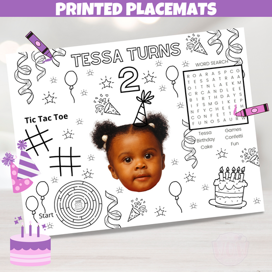 custom coloring placemats personalized for children's birthday party favors, children's coloring pages sold in sets customized with birthday kids photo of face name and age, fun activity games like custom word search to include name as well