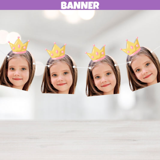 Personalized Princess Birthday Banner With Photo, Once Upon A Time Party, Pink Gold Crown, Princess party Decorations, Custom Photo Banner For Parties