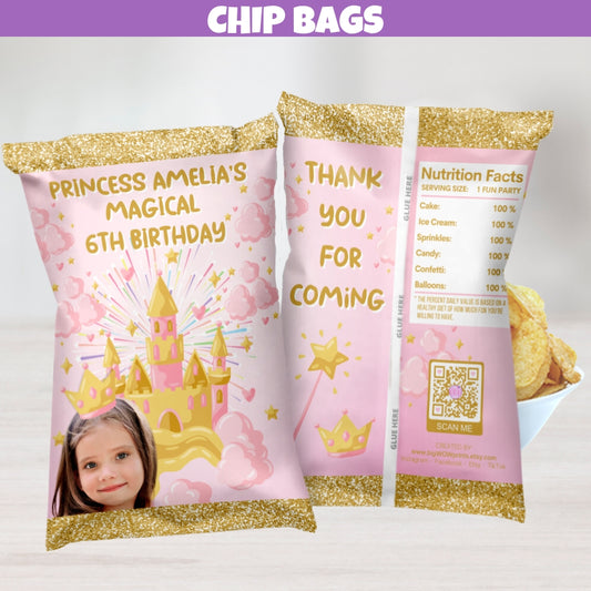 princess 1st birthday chip bags for little girls first birthday party table decorations, princess party ideas, princess chip bags, elegant princess goodie bags, pink and gold glitter, princess castle party decor, princess bag,