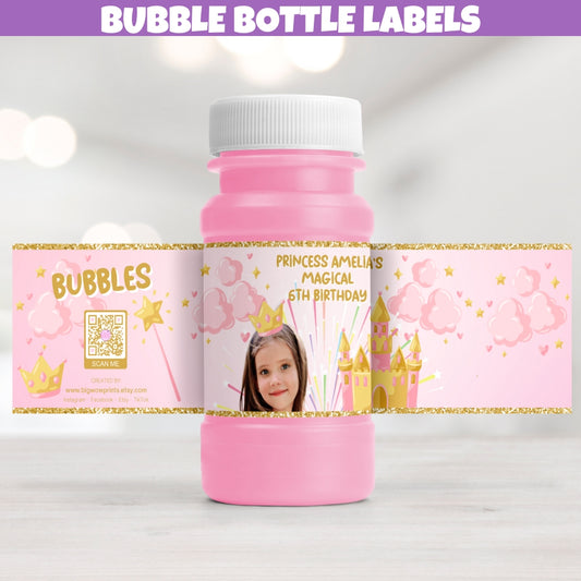 princess birthday party favors for little girls, personalized to feature your photo name and age. designed with a magical castle, pink and gold crown and wand in a pink fairy land