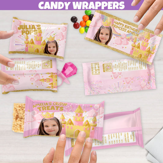 Custom Princess Themed Candy Wrappers For Little Girls Magical Birthday Party Favors Customized With Photo, Pink Gold Castle, Rice Crispy