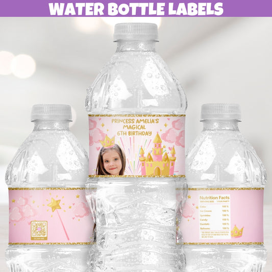 Magical Princess Water Bottle Labels, Personalized Princess Birthday Decor, Once Upon A Time Party Supplies, Girls Pink Gold Crown, Princess Castle
