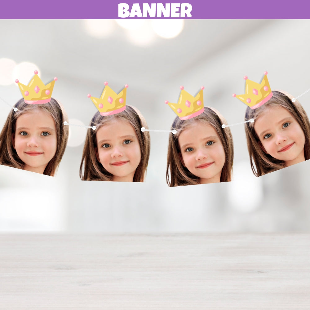 pink and gold princess birthday banner with princess crown for magical princess party decorations and princesses party