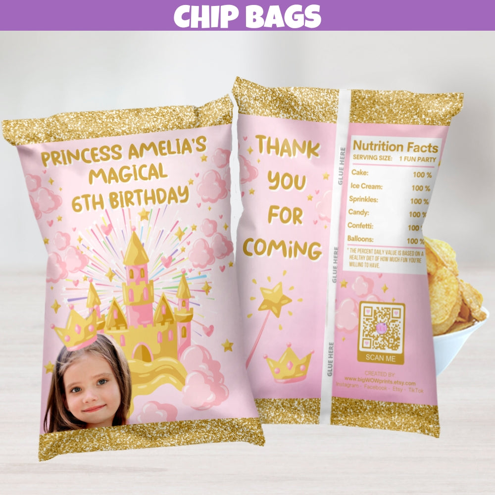 pink and gold princess birthday party favor chip bags for magical castle party desecrations for tables and centerpieces