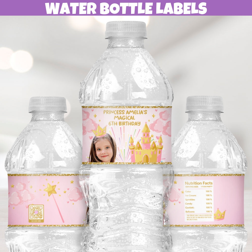 pink and gold princess birthday waterproof water bottle labels for magical princess party decorations for dessert tables and centerpieces