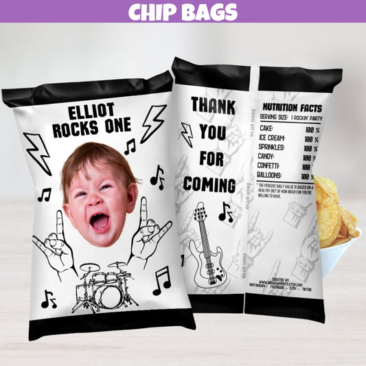 Rock And Roll Party Favors - A set of stylish Rock Star Goodie Bag Chip Bags inspired by the energetic beats of 1950s rock music. Great for Rock Star Parties, One Rocks First Birthday, Born To Rock 2nd Birthday party themes.
