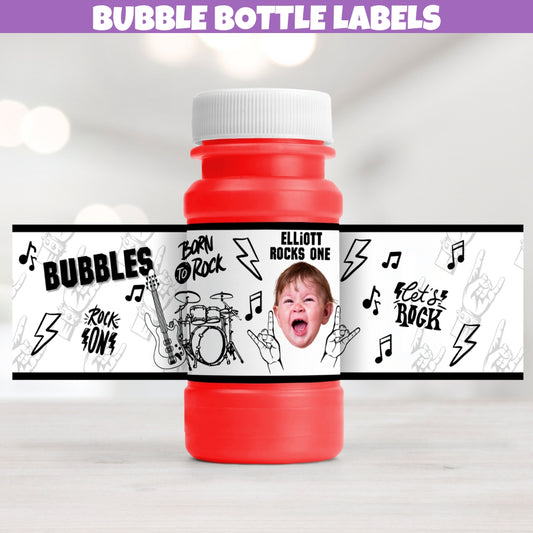 rock and roll birthday bubble bottle labels, rock and roll party favors, born to rock party ideas, kids bubble bottle labels customized to feature their photo name and age. Designed with lightening bolts, guitar, music notes, drum set, and fun rock on and let's rock graphiti