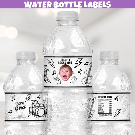 Personalized Rock and Roll Water Bottle Labels with Custom Photo, Rock Star Birthday Party Favors, Born To Rock Decorations, Music, Lightening, Guitar