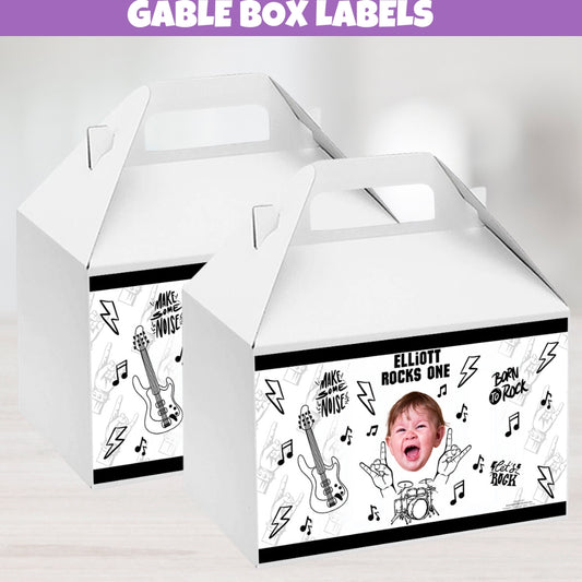 Rock star gable box labels, kids and adults Rock and roll birthday party decorations personalized with photo name and age, guitar, drum set, lightening bolts, born to rock, make some noise graffiti