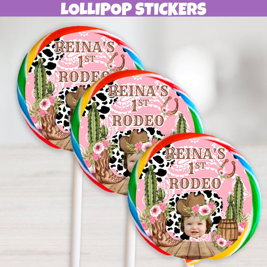 personalized girls rodeo themed birthday lollipop sticker labels designed with cowboy boots, flowers, cowgirl hat, pink paisley patterns, cow print, wood barrel, cacti, horse shoe. These labels are customized to feature your own photo name and age for a memorable event!