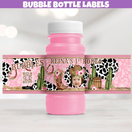 Girls Rodeo 1st Birthday Bubble Bottles Label Stickers, Cow Print Party Decorations, Western Paisley Pattern, Rustic Wild West Party Favors