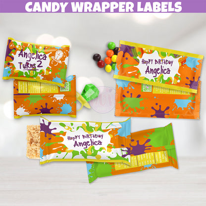 editable art birthday party supplies for kids, instant digital download candy wrappers, paint splatter birthday set, Retro 90s Rats Babies cartoon inspired party favor labels, painting party kits for adults, painting party kids for kids, crayon birthday decorations, personalized party favor labels, slime treat wrappers, paintball birthday party decorations, colorful messy slime party decorations for girls