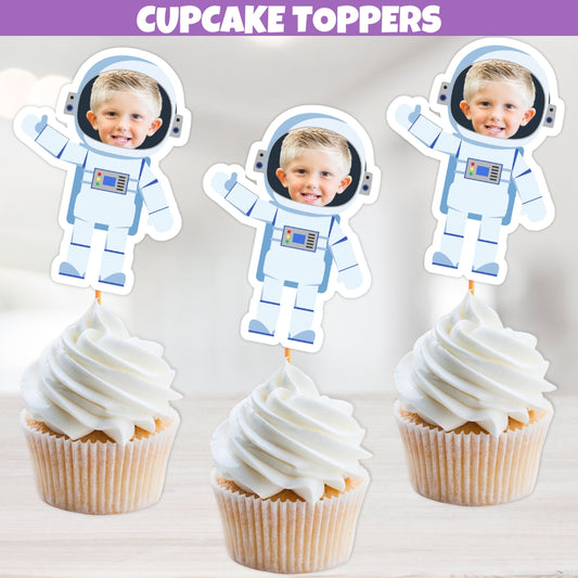 Personalized Space Themed Astronaut Cupcake Toppers - Elevate your birthday with these cosmic toppers featuring you as the astronaut in a space suit, adding a personalized touch to your celebration.