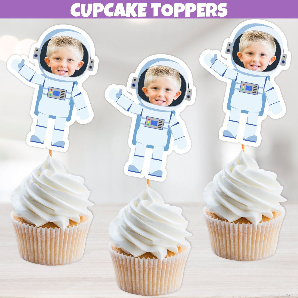 Personalized Astronaut Cupcake Toppers for space birthday party decorations, cosmic cake toppers with space suit, funny face cupcake toppers