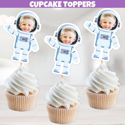 Personalized Astronaut Cupcake Toppers for space birthday party decorations, cosmic cake toppers with space suit, funny face cupcake toppers