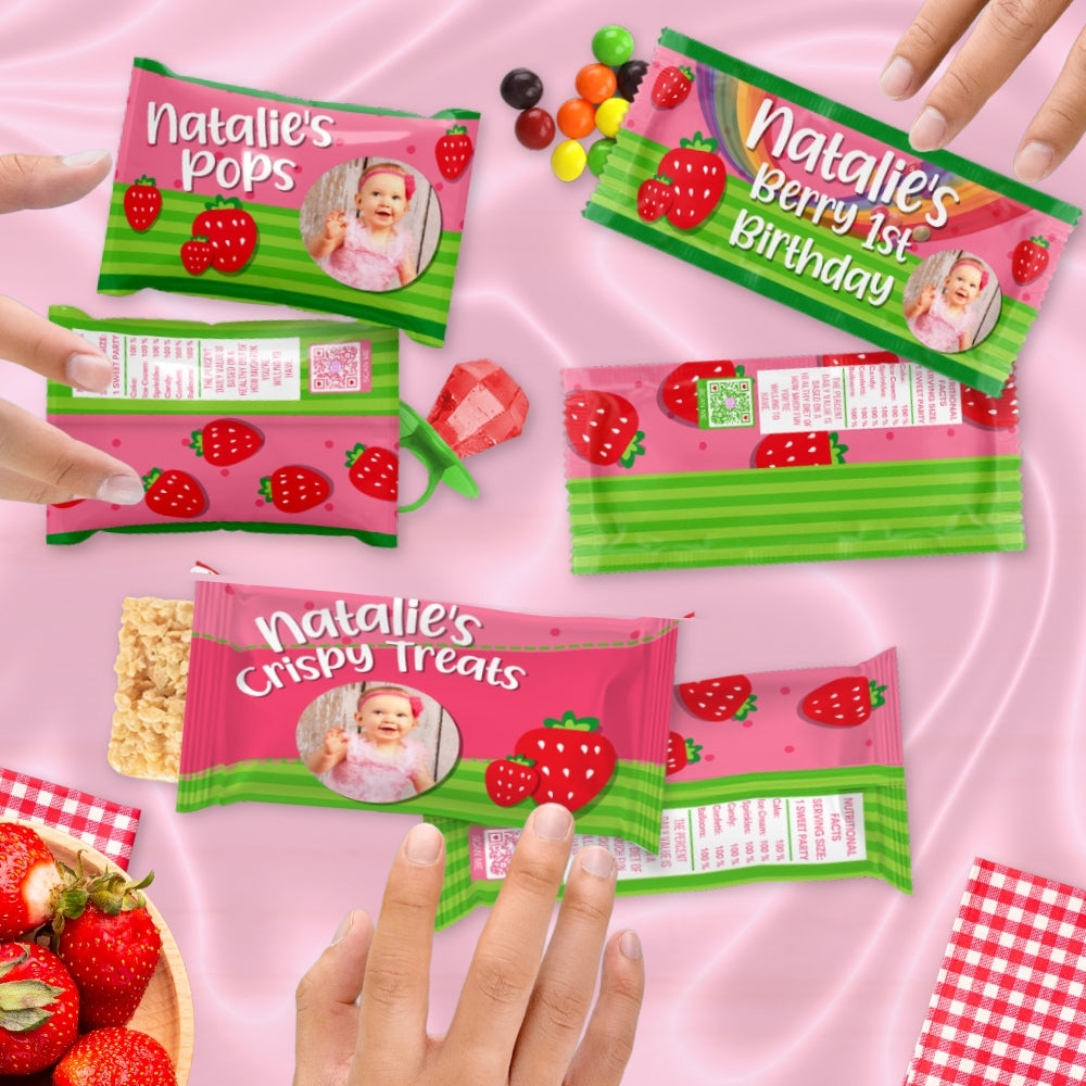 Strawberry Candy Wrappers - Sweet One Party Favors, Berry First Birthday Decorations