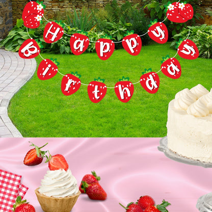 Strawberry Birthday Banner, Happy Birthday Banner, Strawberry Smash Cake Photo Prop, 1st Birthday Backdrop Decorations