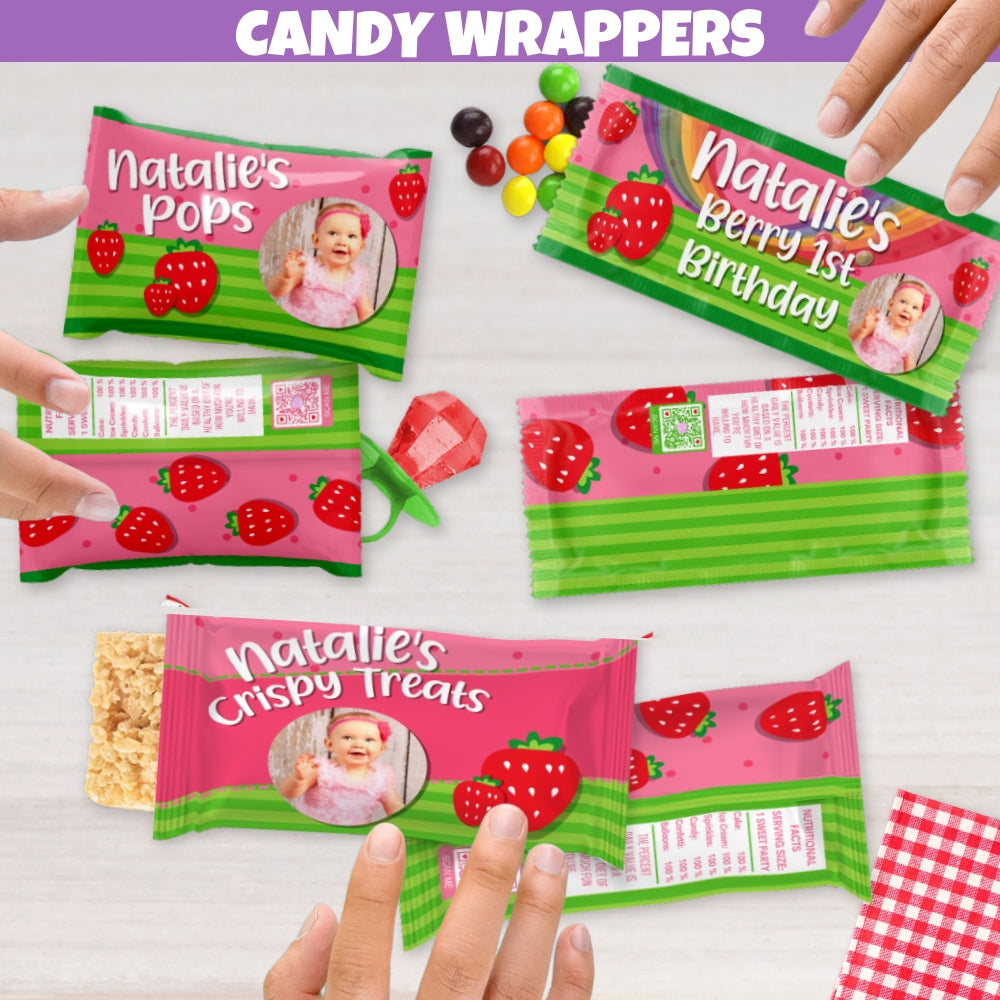 Strawberry Berry First Birthday themed candy wrappers with pink polka dots, green stripes, and red berries for party favor bags.