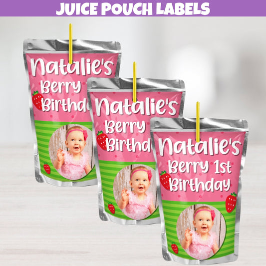 Personalized little girls strawberry themed juice pouch labels featuring pink polka dots, red strawberries, and green stripes.