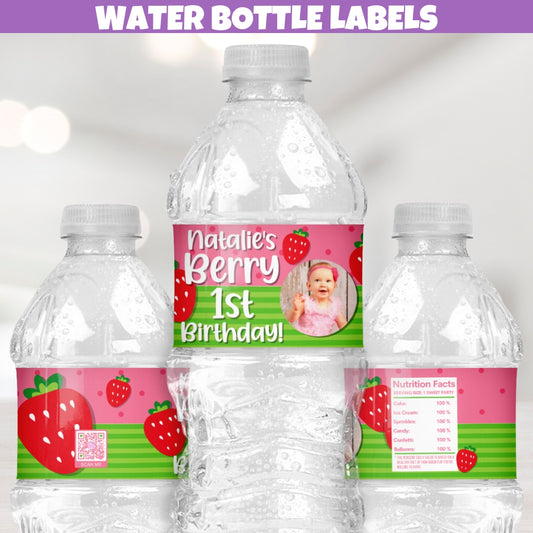 Personalized strawberry themed water bottle labels featuring red berries, pink polka dots, and green stripes.