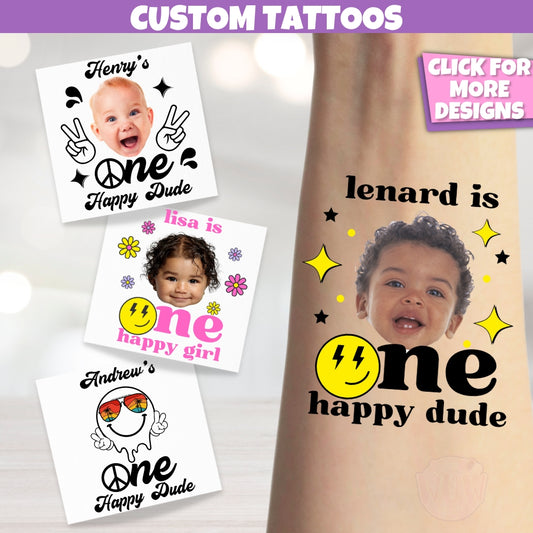 One Happy Dude Themed Temporary Tattoos: Customized Party Favors for Kids, One Happy Girl's Groovy 1st Birthday Party Decorations
