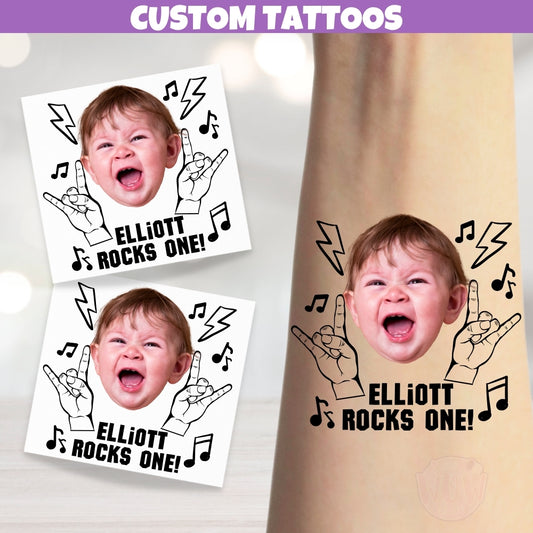 Personalized Rock And Roll Birthday Party Temporary Tattoos For Kids Adults, First Birthday, Born Two Rock Second Birthday, Vintage Heavy Metal Punk