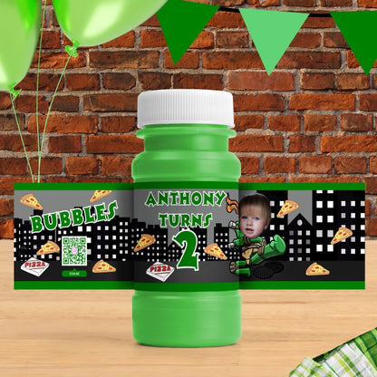 Personalized Turtle Bubble Bottle Labels - Custom Stickers with Sewer Cityscape and Pizza Slices for Kids' Goodie Bags