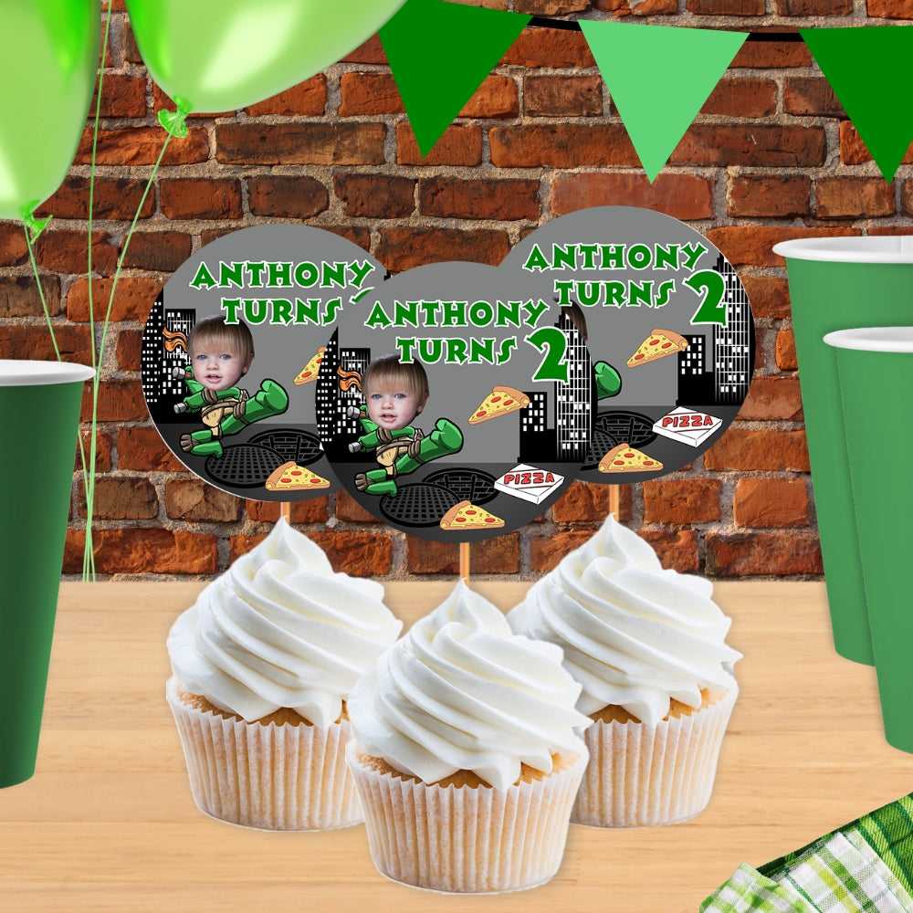 Personalized Turtle Cupcake Toppers - Custom Face Designs with Superhero Cityscape Backdrop for Birthday Cakes