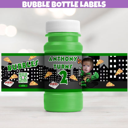 Personalized adventurous turtle superhero themed bubble bottle labels with sewer cityscape and pizza slice designs for kids' goodie bag, table decorations, and party favors