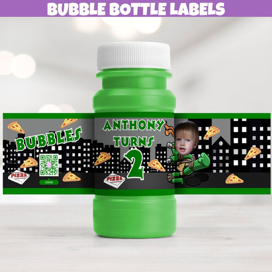 Personalized adventurous turtle superhero themed bubble bottle labels with sewer cityscape and pizza slice designs for kids' goodie bag, table decorations, and party favors