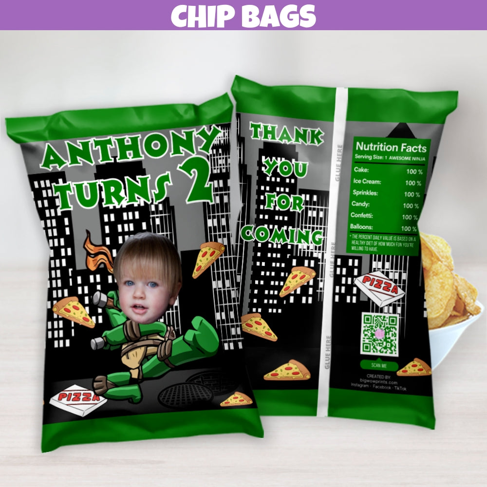 Personalized turtle themed chip bags with superhero cityscape design, great for party favors and treats.