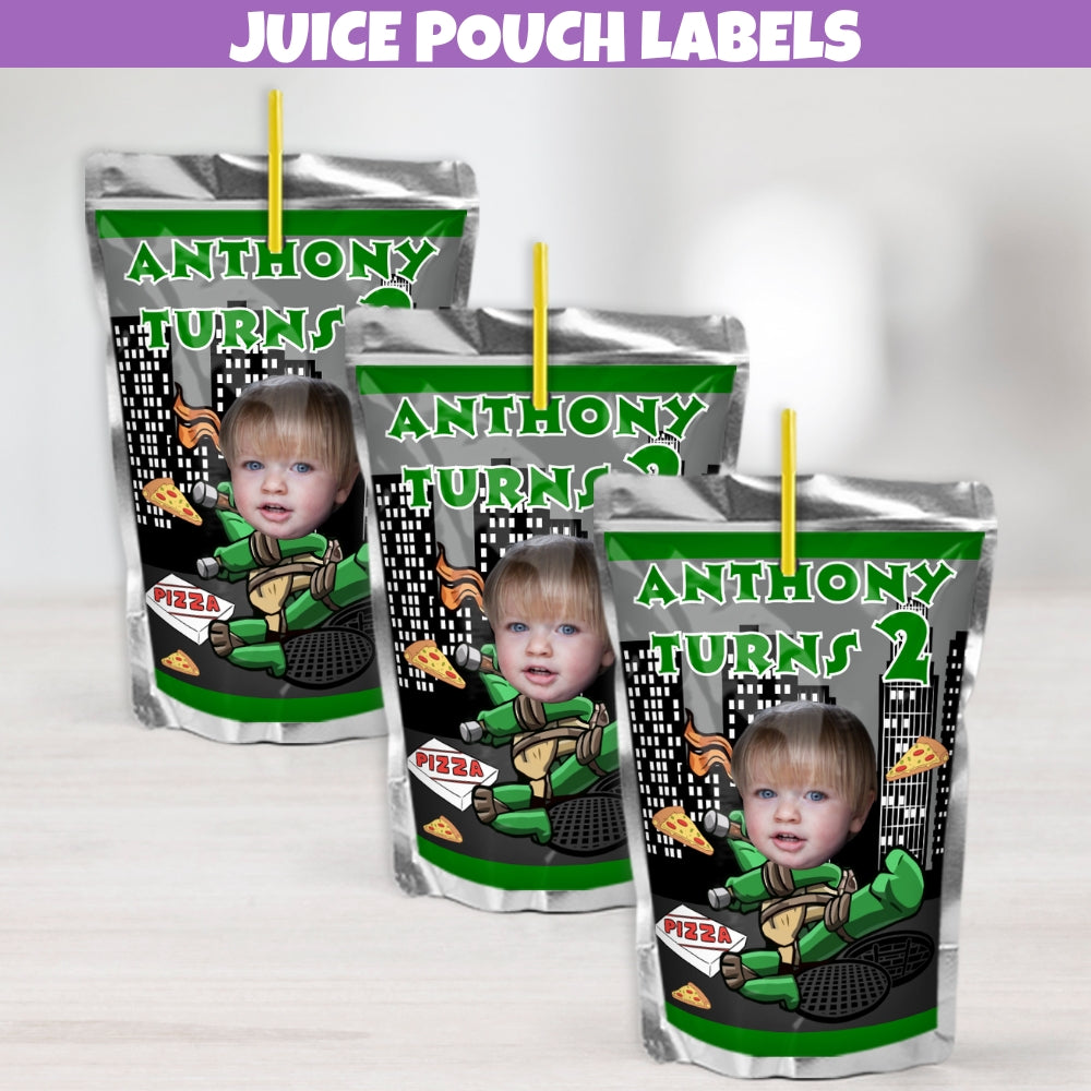 Personalized turtle superhero themed juice pouch labels with custom photo, designed for boys' pizza birthday parties.