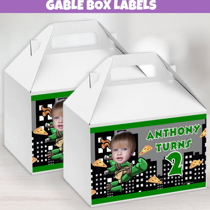 Custom gable box labels with turtle superhero theme with personalized photo, ideal for party favors and decorations.