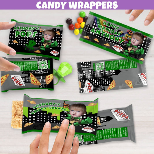 Personalized turtle Superhero Birthday themed candy wrappers featuring adventurous designs, perfect for party favors.