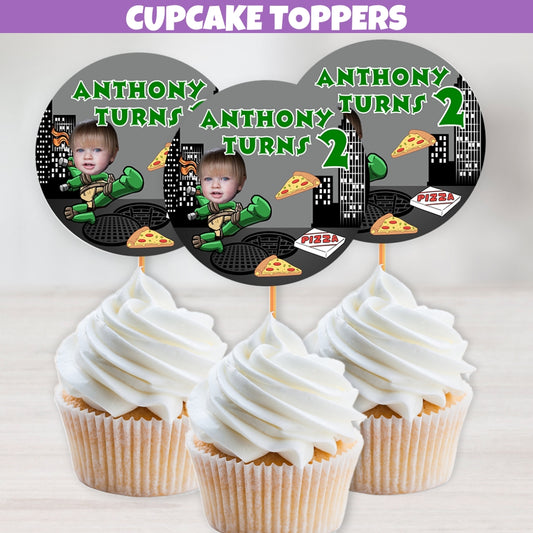 Custom Superhero turtle themed cupcake toppers with superhero cityscape backdrop, perfect for birthday cakes desserts, and table decorations