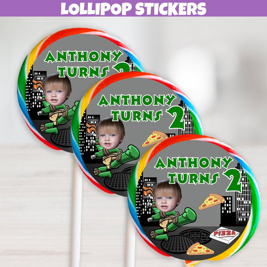 Custom round lollipop stickers with superhero turtle theme and personalized photo, ideal for party decor.