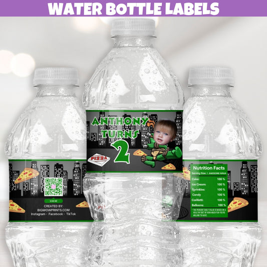 Custom turtle themed water bottle labels featuring a superhero cityscape backdrop, perfect for pizza party drinks.