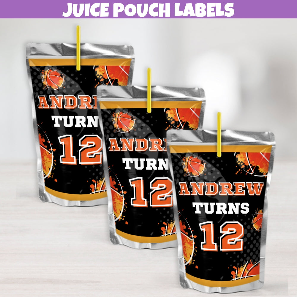 Personalized Basketball Juice Pouch Labels Party Favors – Custom Name & Age | Sports Stickers