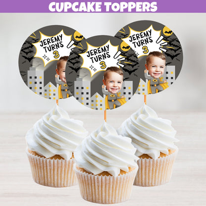 Personalized yellow and black superhero cupcake toppers with cartoon comic style for kids birthday parties perfect for cakes and cupcakes