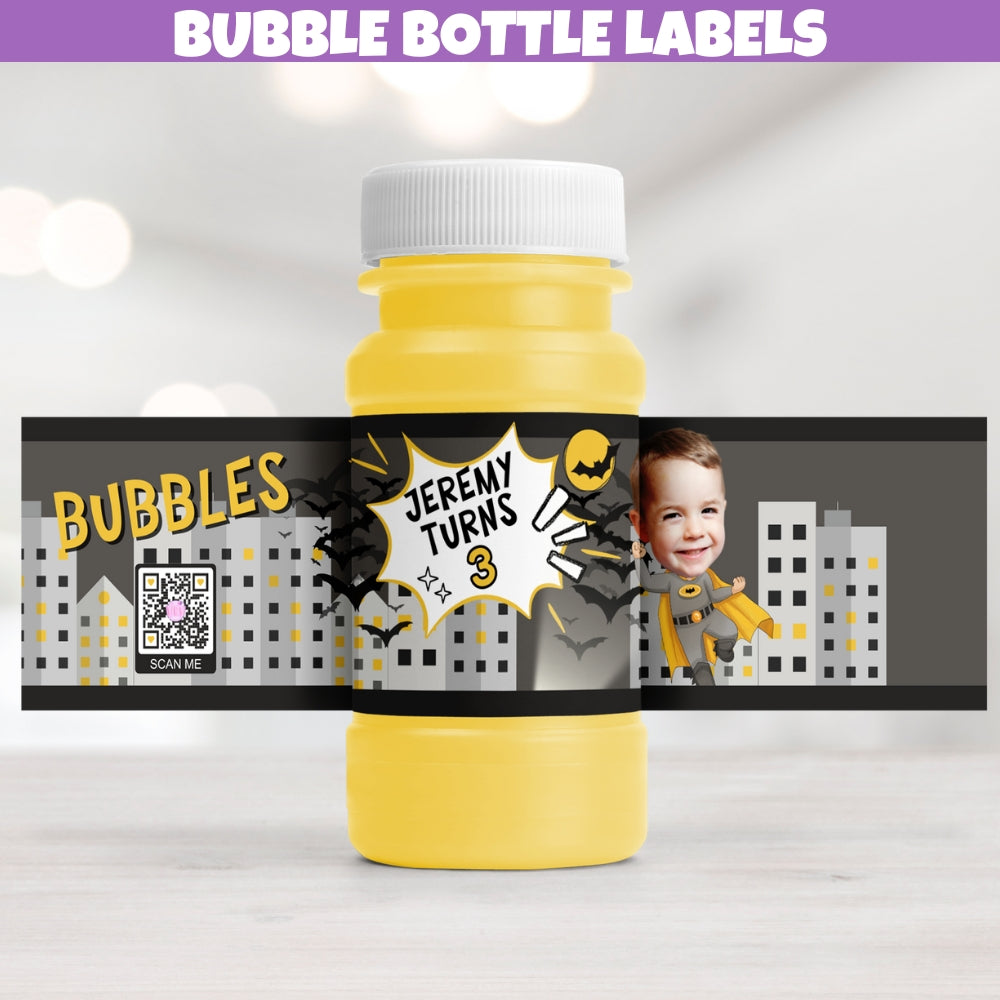 personalized Bat superhero birthday cartoon style bubble bottle labels for birthday parties with a playful comic illustrations and colors.