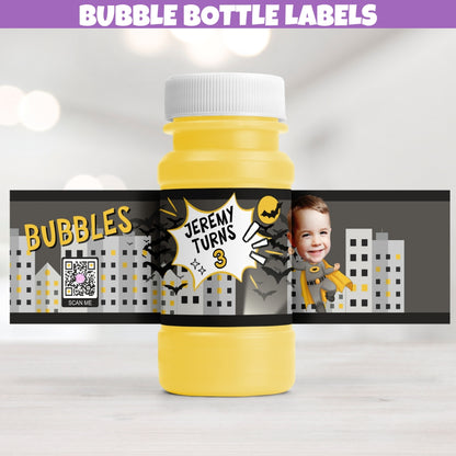 personalized Bat superhero birthday cartoon style bubble bottle labels for birthday parties with a playful comic illustrations and colors.