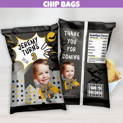 superhero chip bags with comic illustrations personalized for super kid or adult